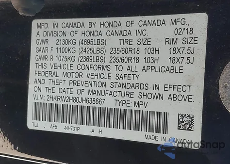 2018 Honda Cr-V Ex-L/Ex-L Navi из США, поврежденный, VIN 2HKRW2H80JH638667